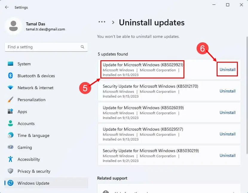 actualizaciones de desinstalación de Windows 11