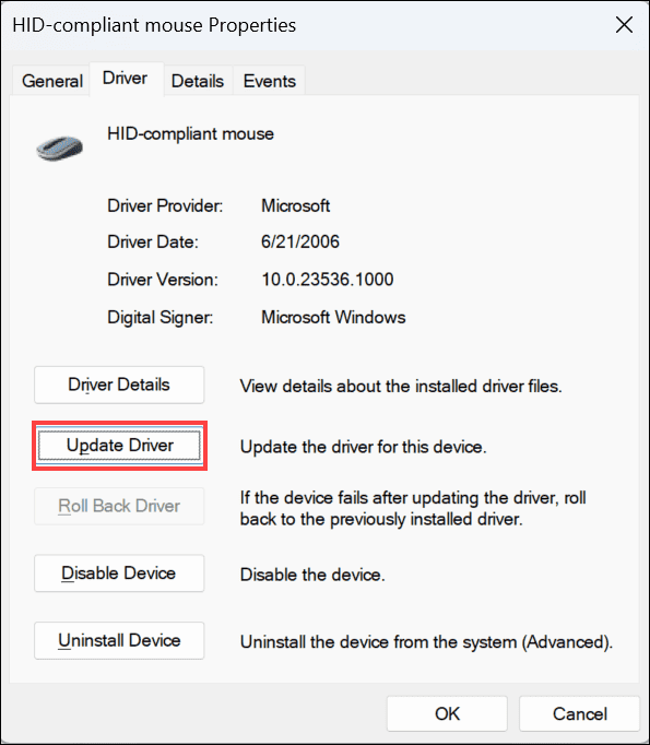 Update Driver button under mouse properties