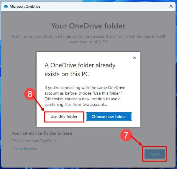 your onedrive folder already exists on this pc