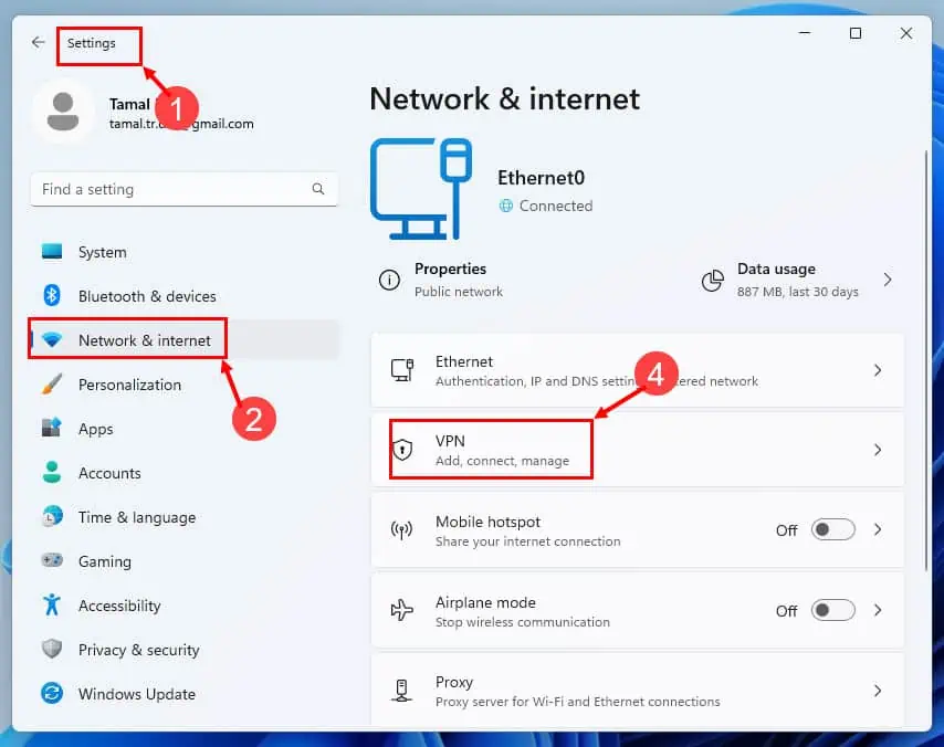 nastavení sítě a internetu ve Windows 11