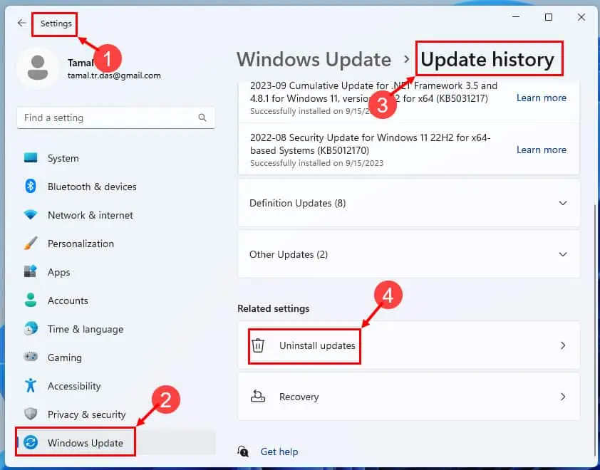 historial de actualización de Windows