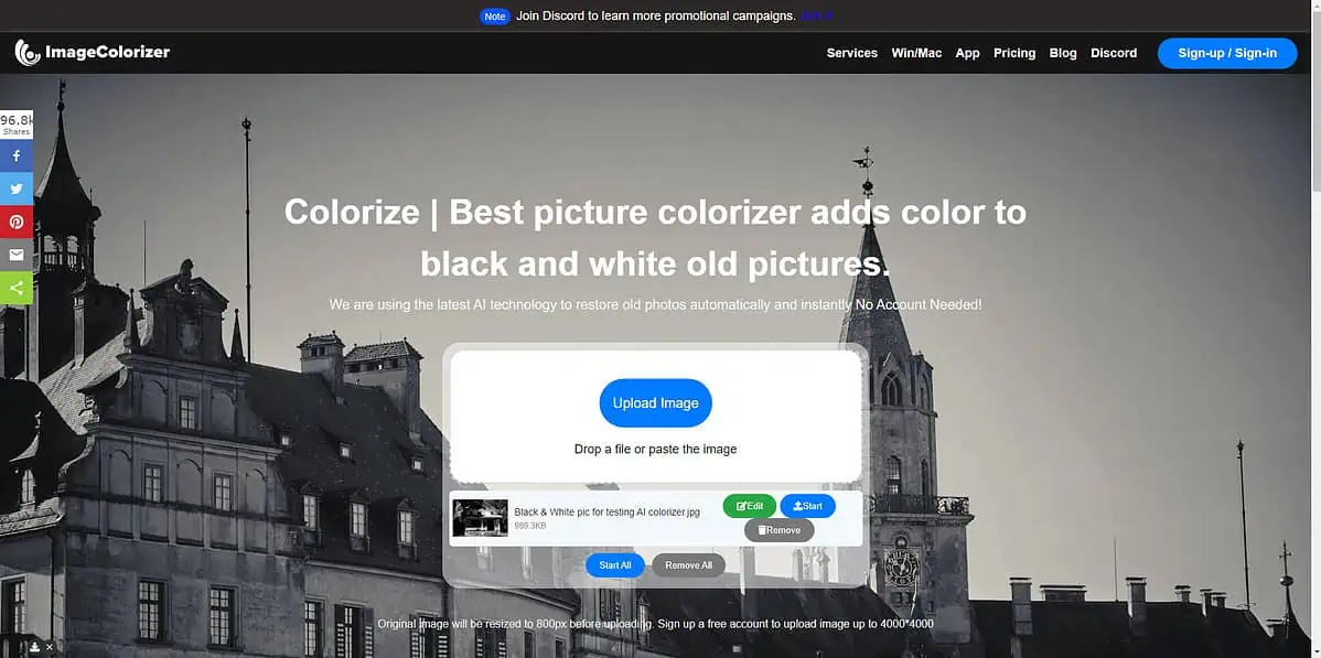 Interface du coloriseur d'images