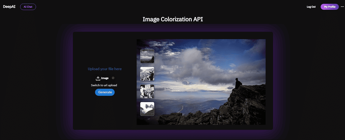 Interface do colorizador de imagem DeepAI