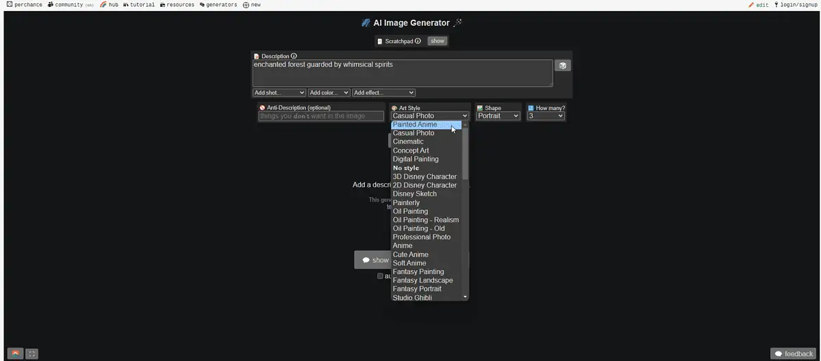 Perchance AI Image Generator options Art Styles