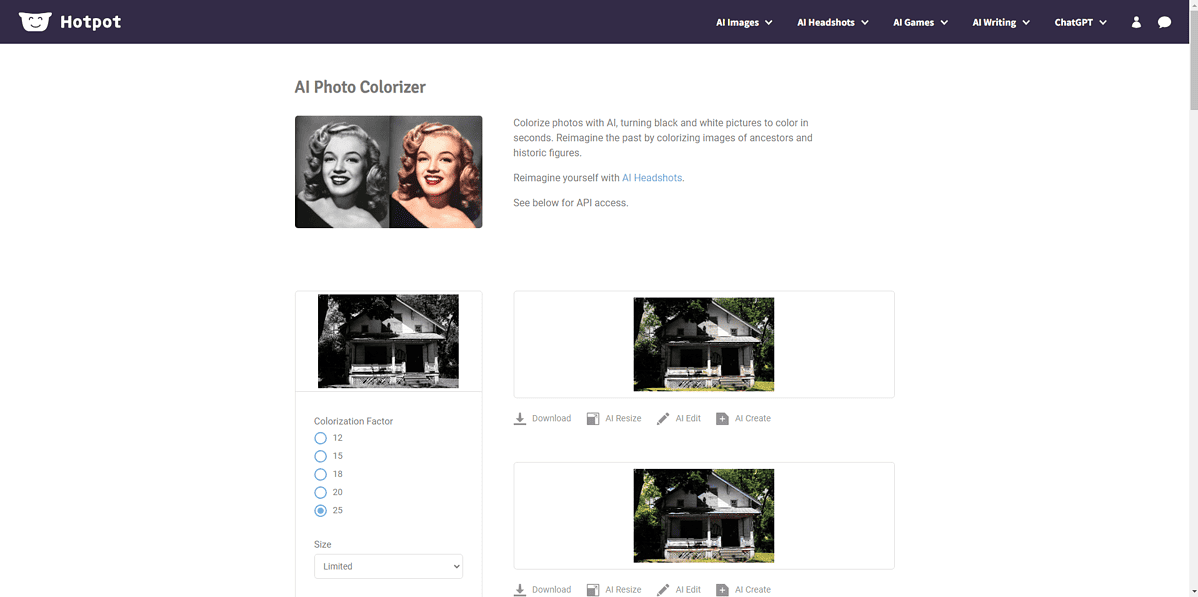 Hotspot AI Photo Colorizer sučelje