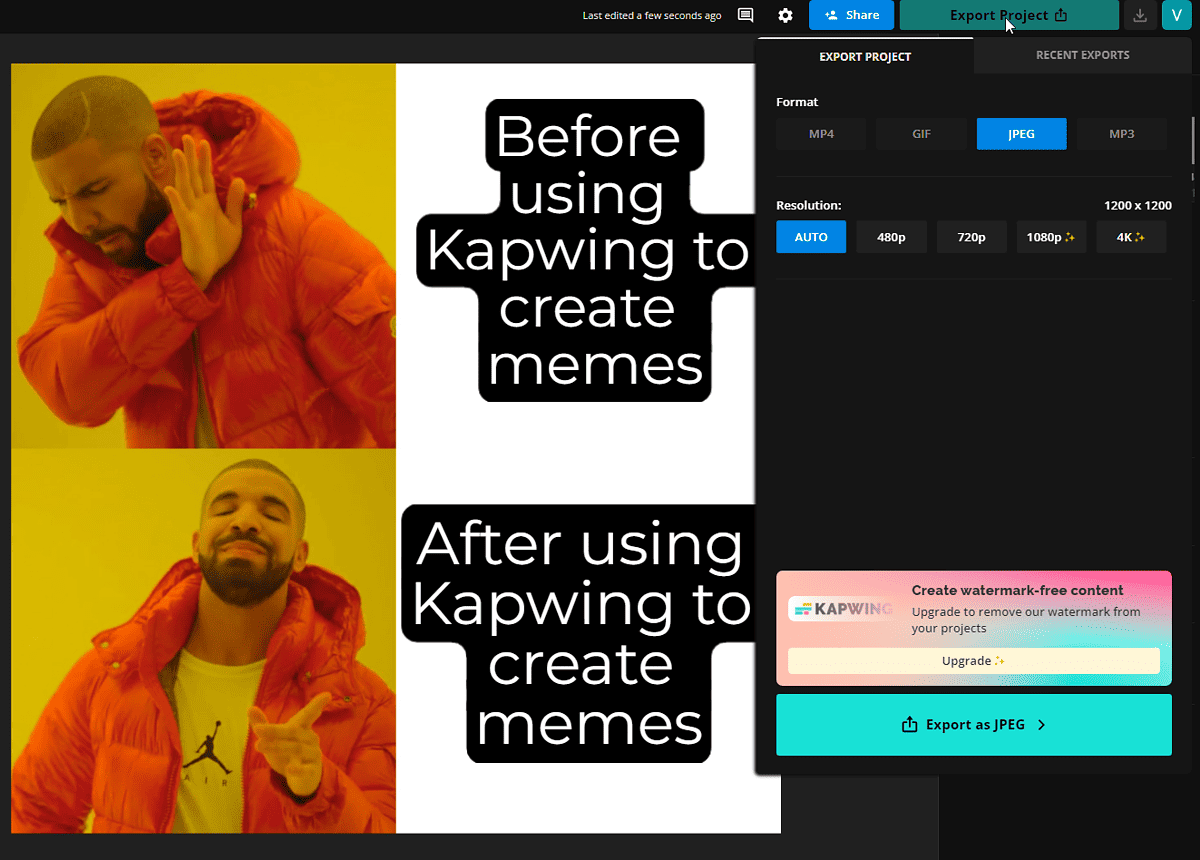 Kapwing export options