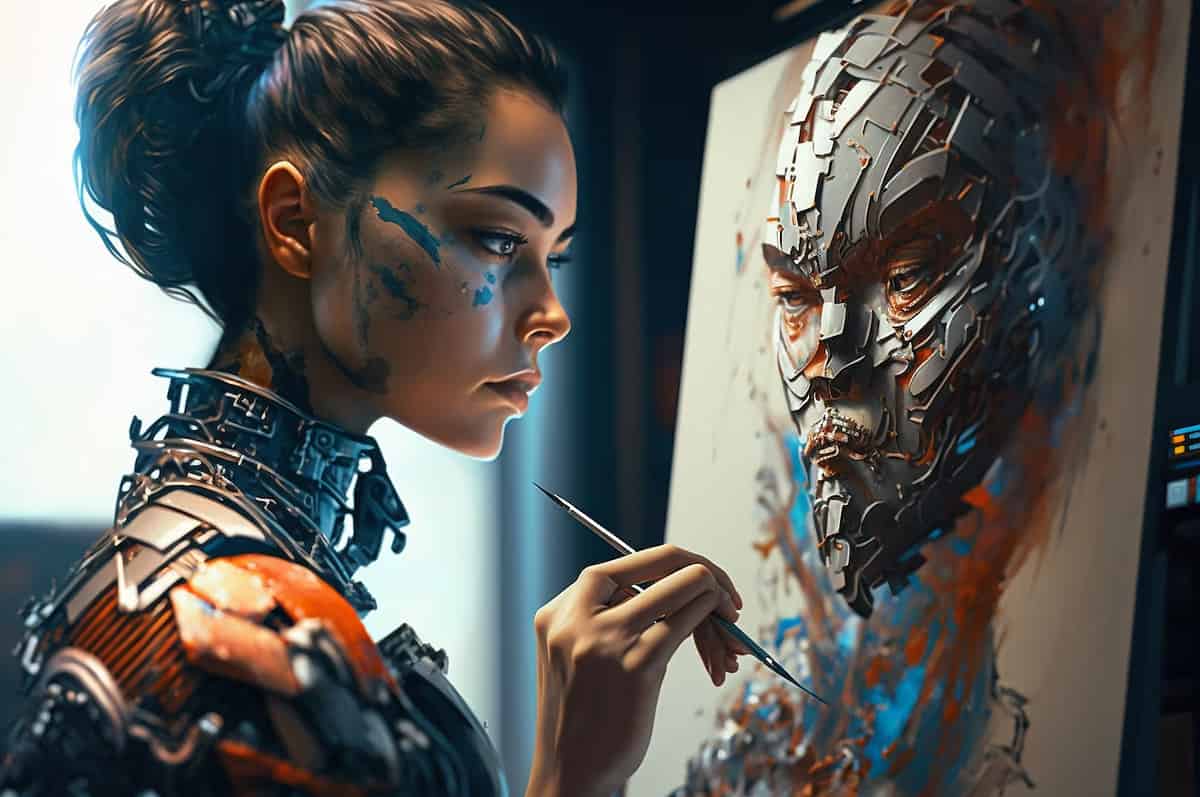 AI robot creating AI art on Canvas