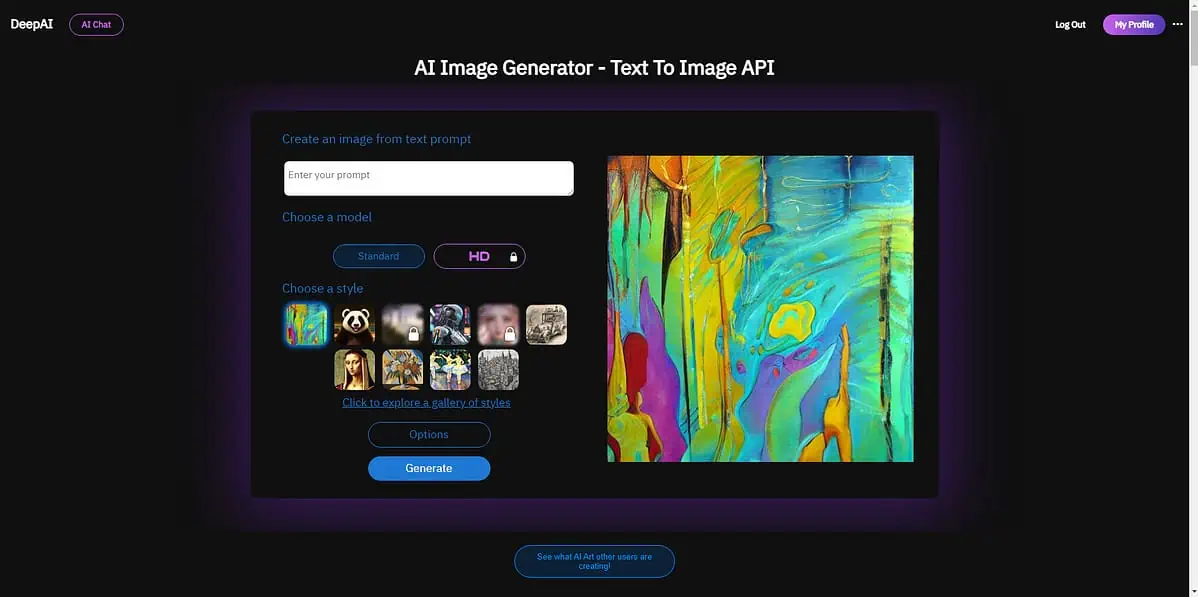DeepAI Image Generator interfész