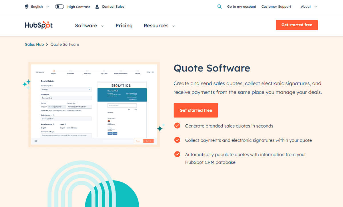 HubSpot Quote Software Interface