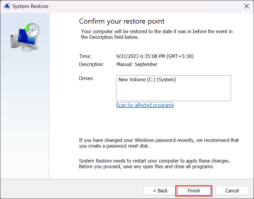 confirm system restore