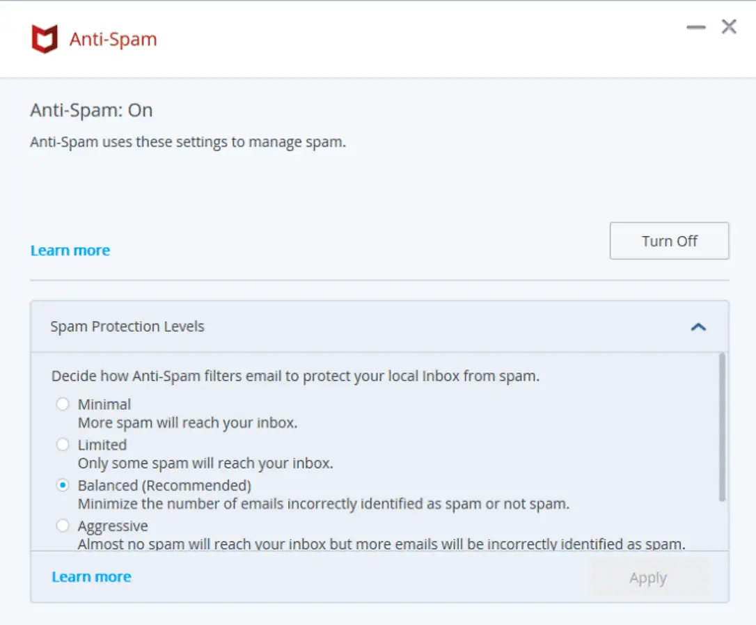 McAfee Anti-spam feature and options