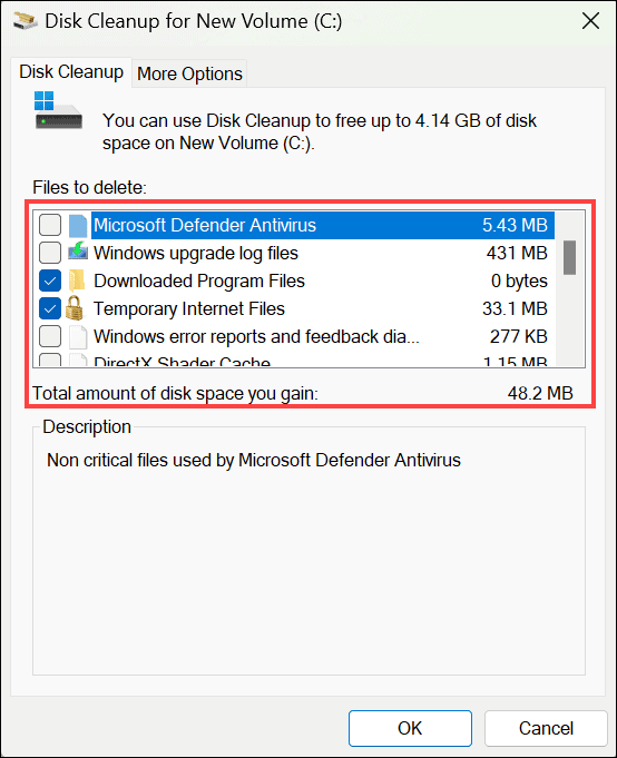 select files to delete under the Disk Cleanup window