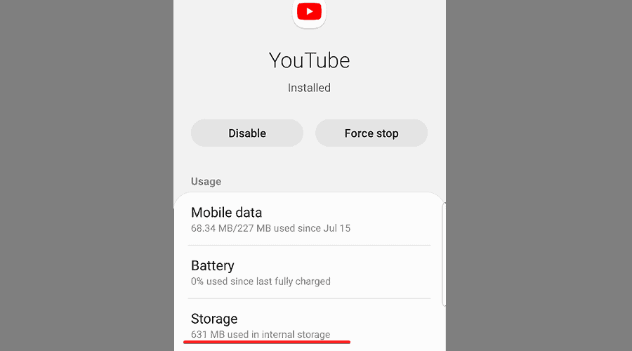 youtube app storage on android