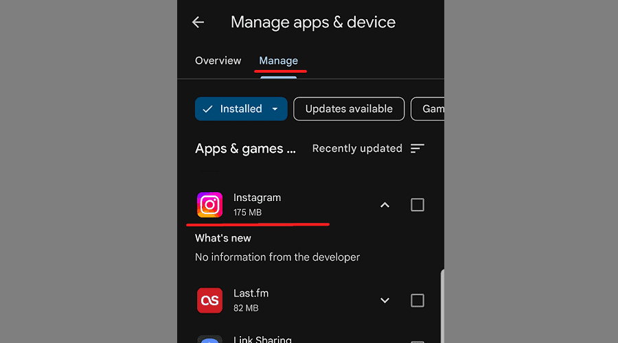 check for updates in manage tab