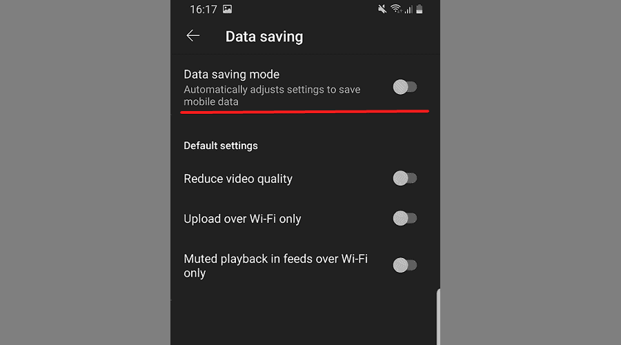 toggle off youtube data saving mode