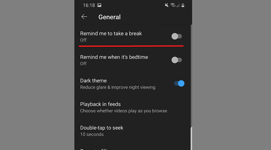 toggle off remind me to take a break on youtube