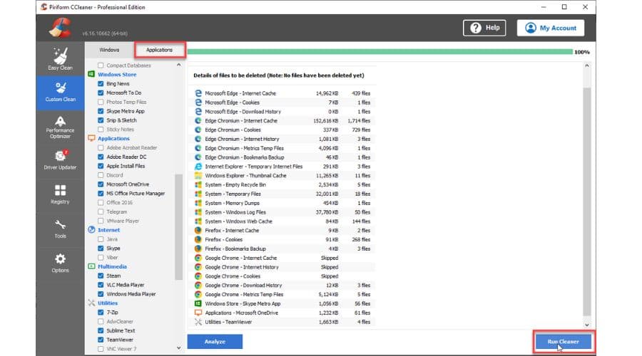 CCleaner Προσαρμοσμένος καθαρισμός