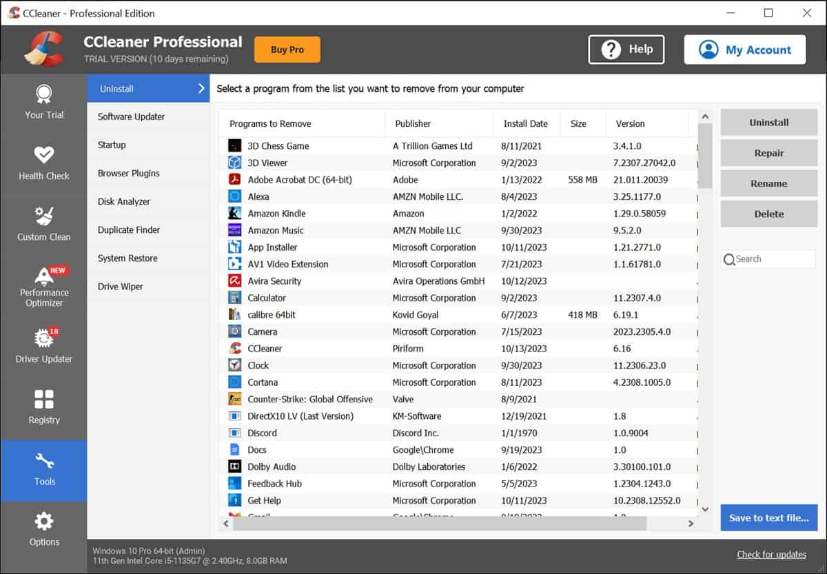 CCleaner uninstaller