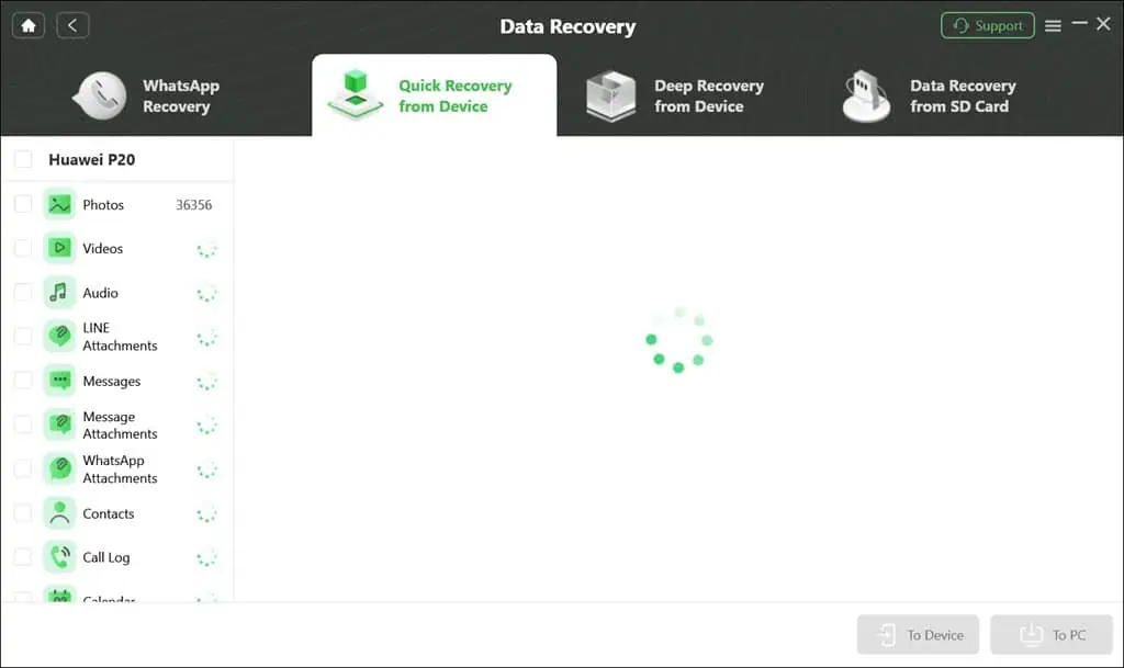 DroidKit searching for the data types for recovery