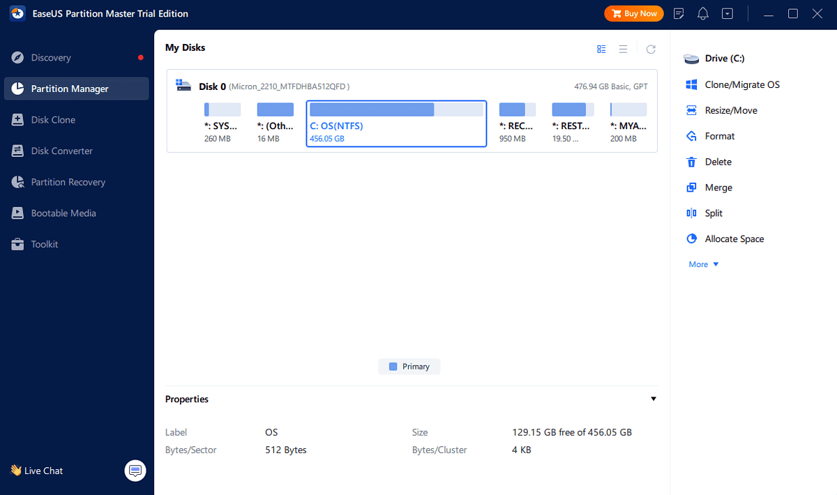 EaseUS Disk Partition tool Interface