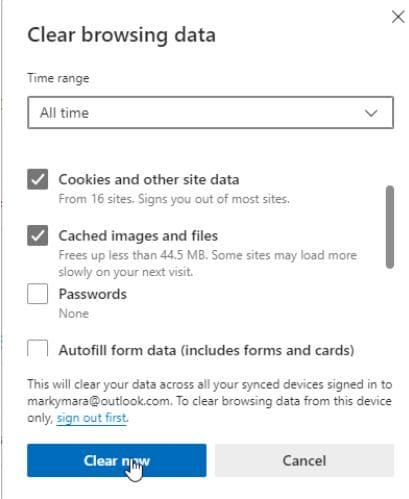 Edge Clear browsing data