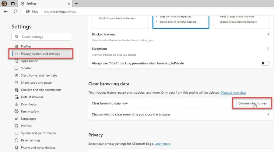 Prywatność, wyszukiwanie i usługi na Microsoft Edge