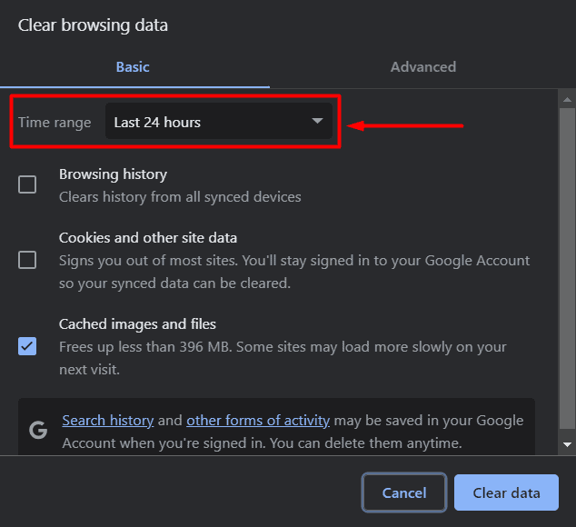 Google Chrome clear browser data time range