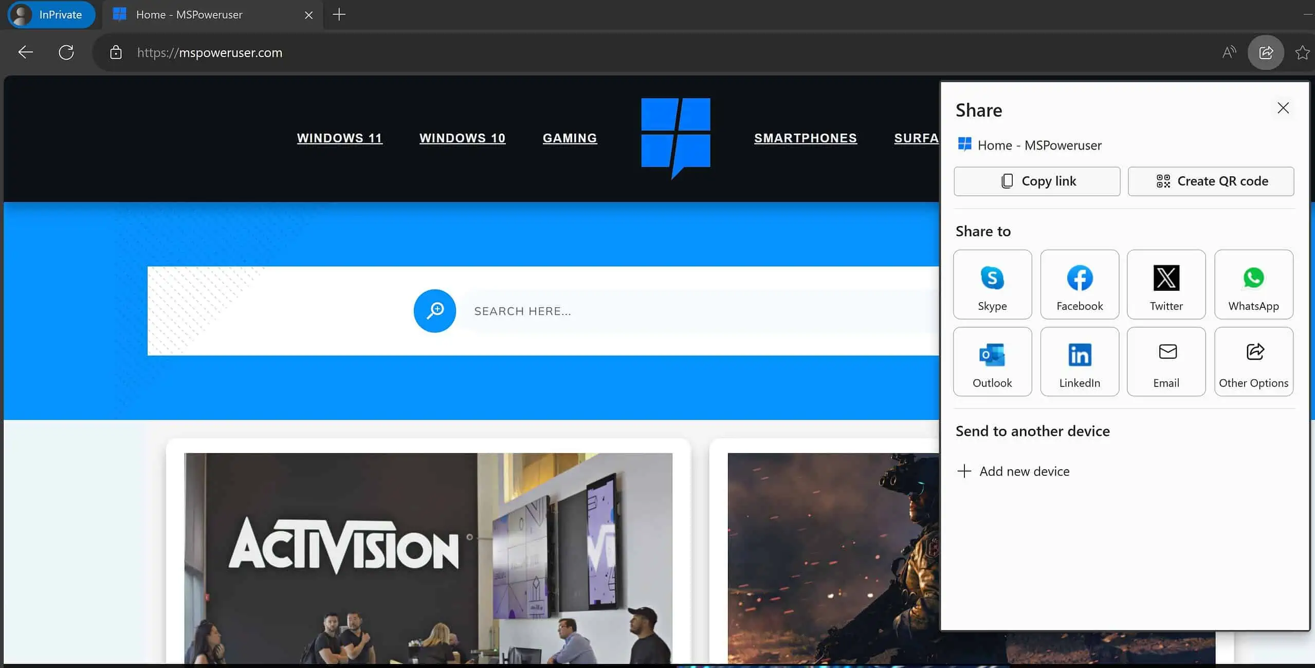 Microsoft Edge 공유 시트