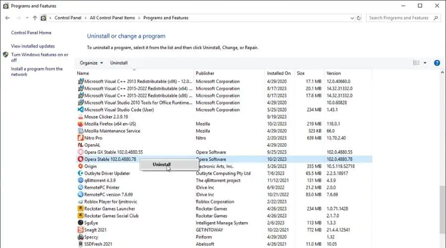 Desinstalación del programa en el panel de control