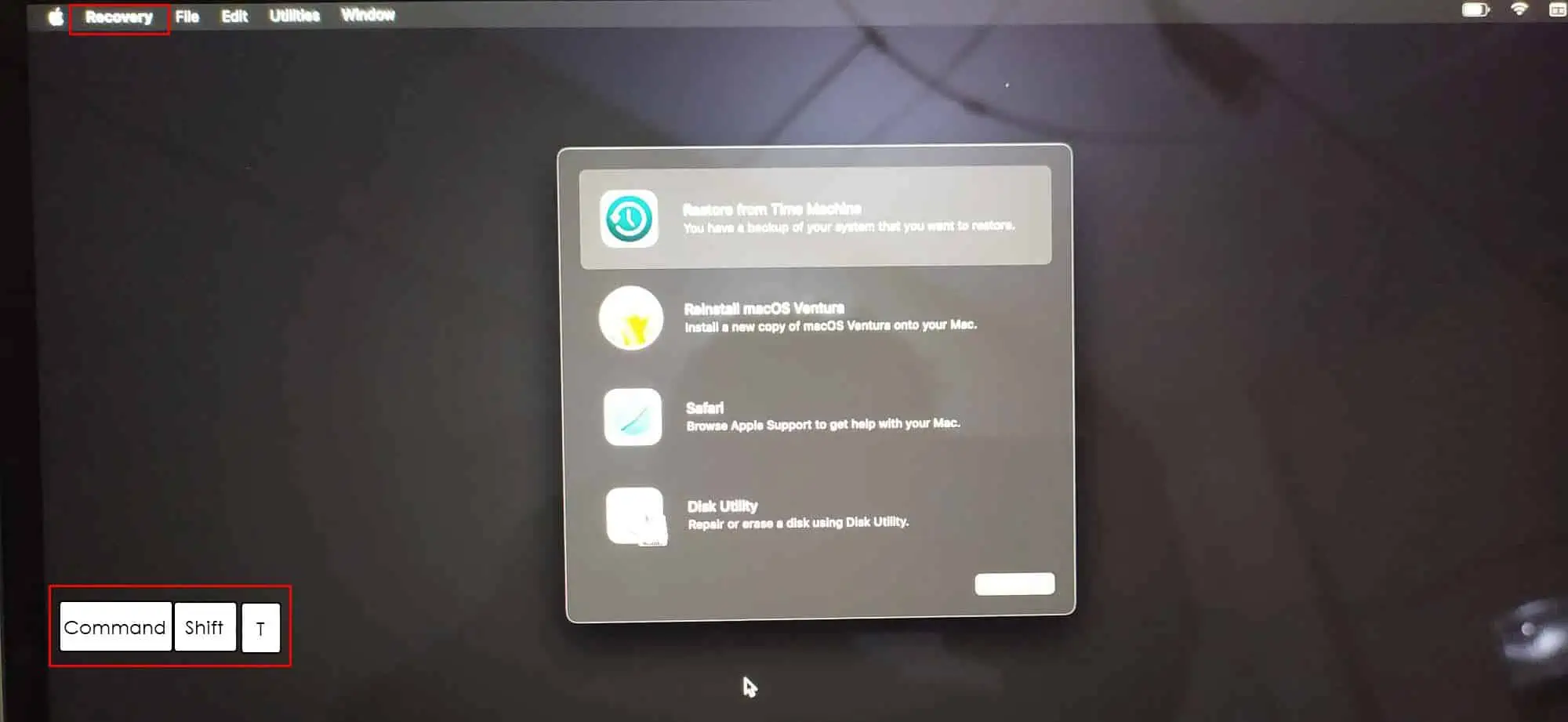 Macbook Pro의 복구 유틸리티 화면