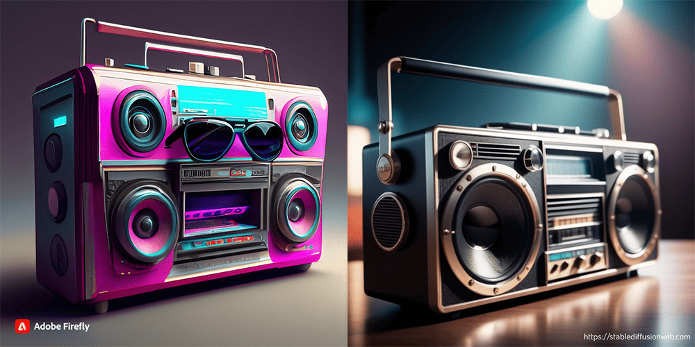 Retro futuristic boom box with sunglasses adobe firefly vs stable difusion