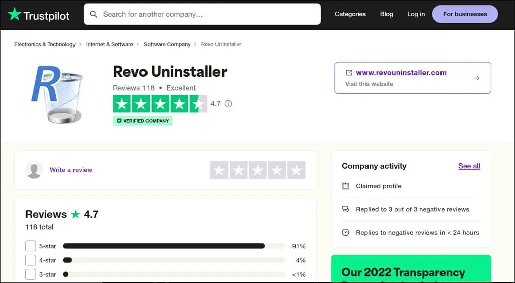Revo Uninstaller Trustpilot review