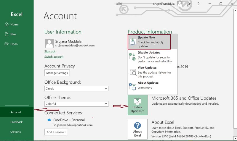 update excel