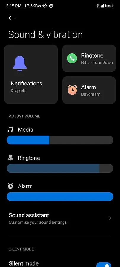 Sound and vibration settings Android