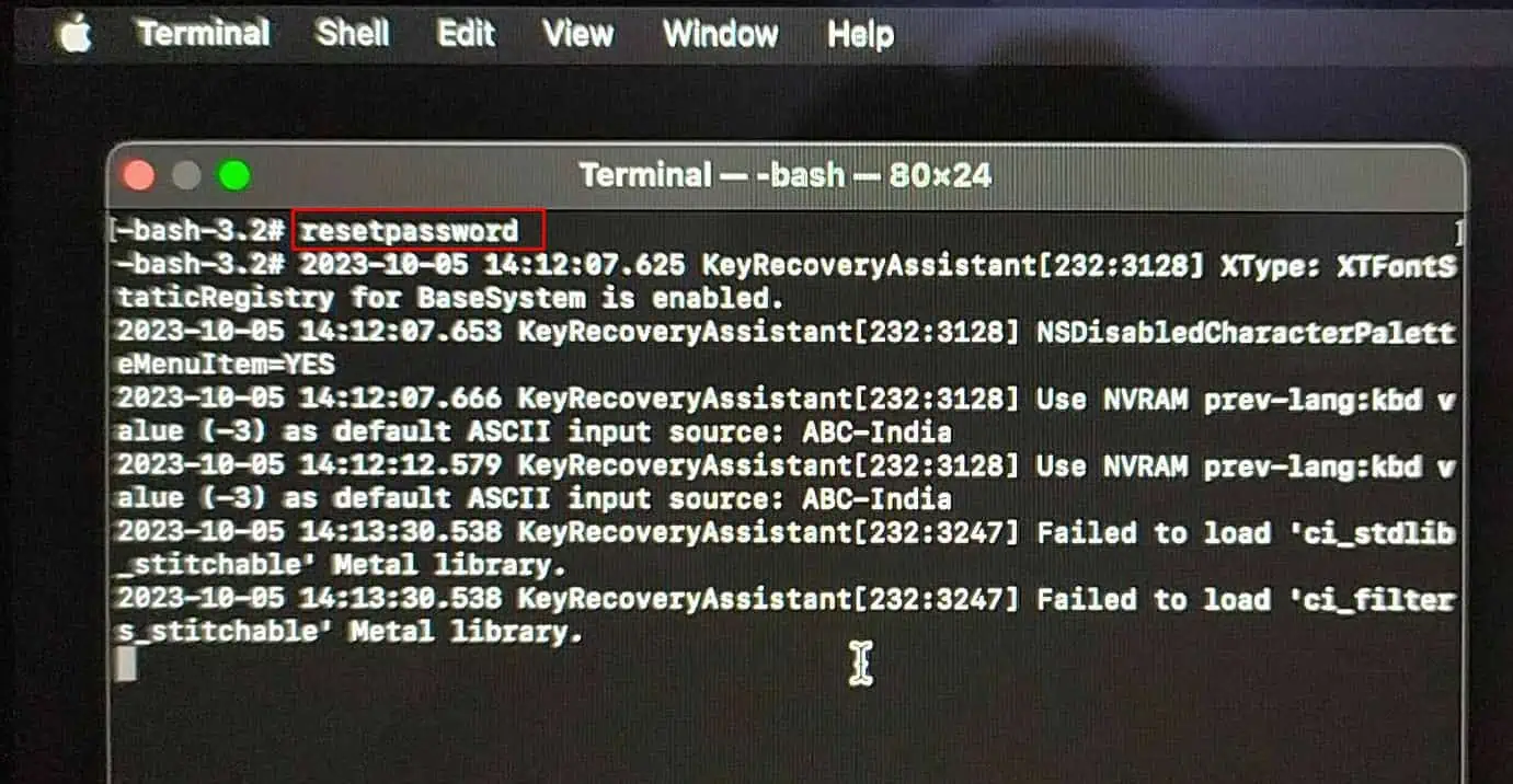 macbook pro terminal command resetpassword