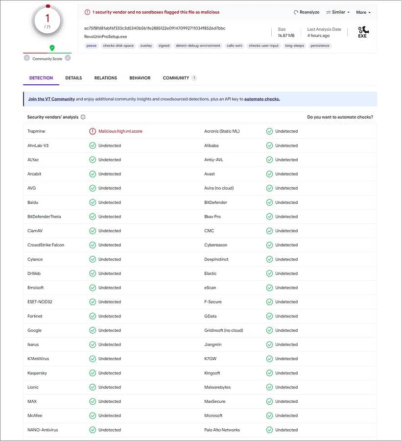 VirusTotal result of Revo Uninstaller Installer