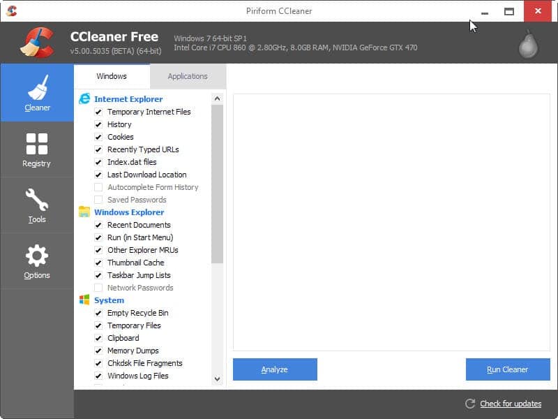 CCleaner main interface