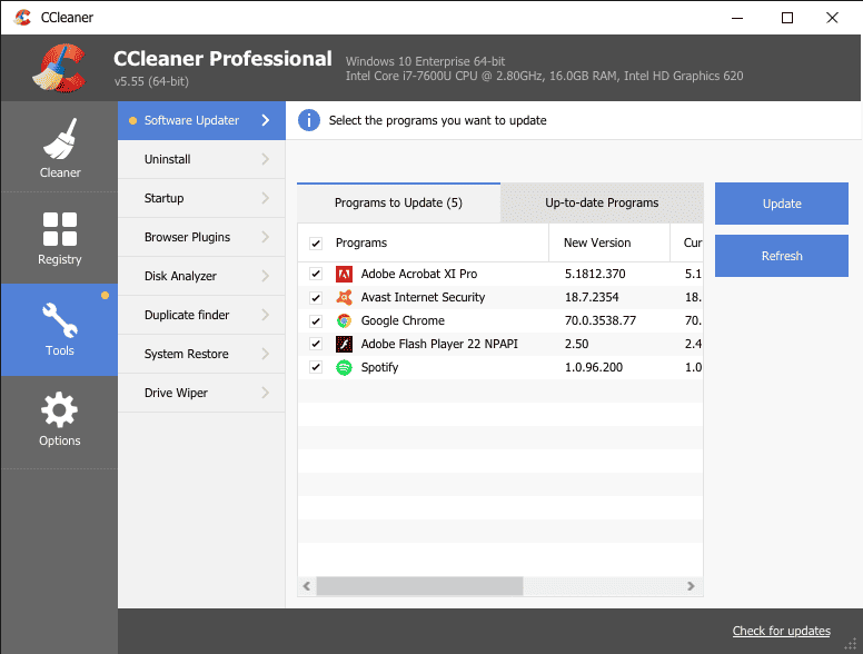 CCleaner tools menu