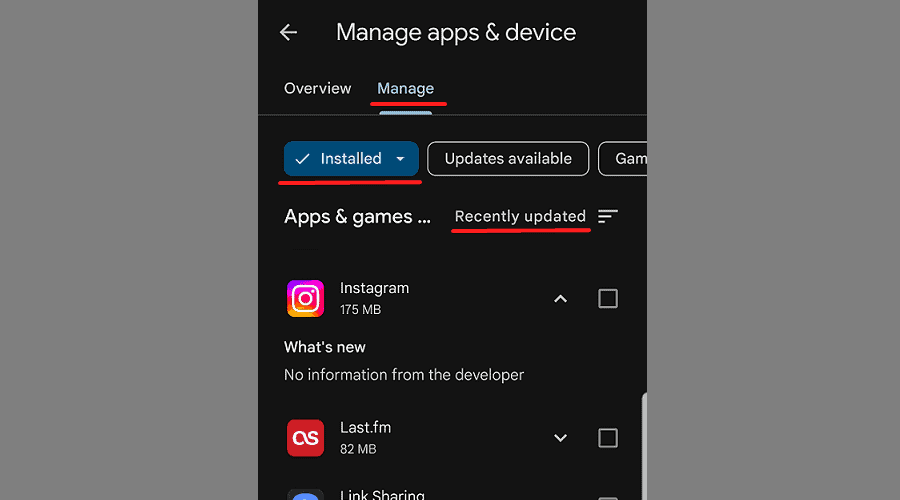 recently updated and installed apps on google play