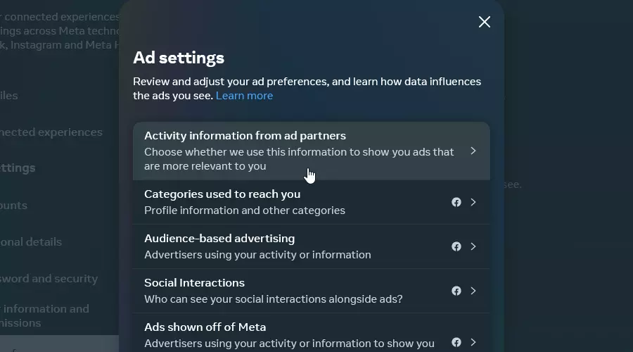 add settings activity information from ad partners