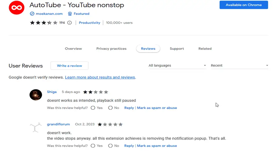 autotube - youtube không ngừng đánh giá của người dùng trên google chrome