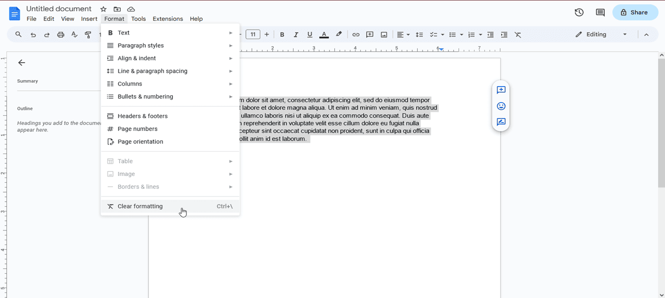 clear formatting on google docs