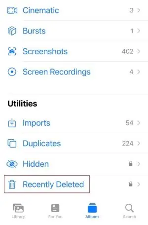 recently deleted in utilities on iphone