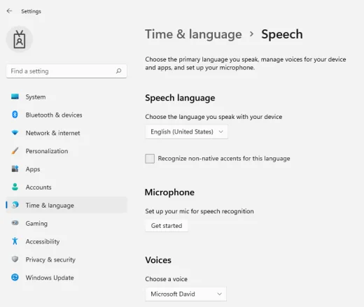 microsoft speech recognition in settings