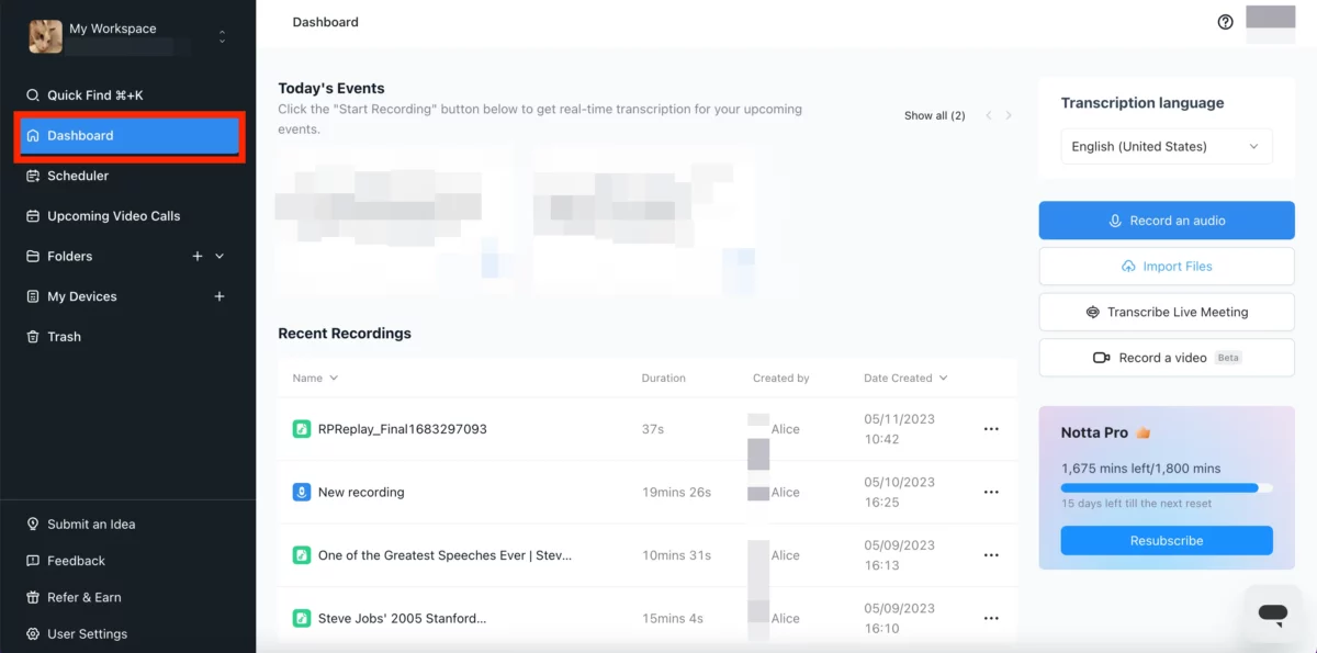 notta ai dashboard