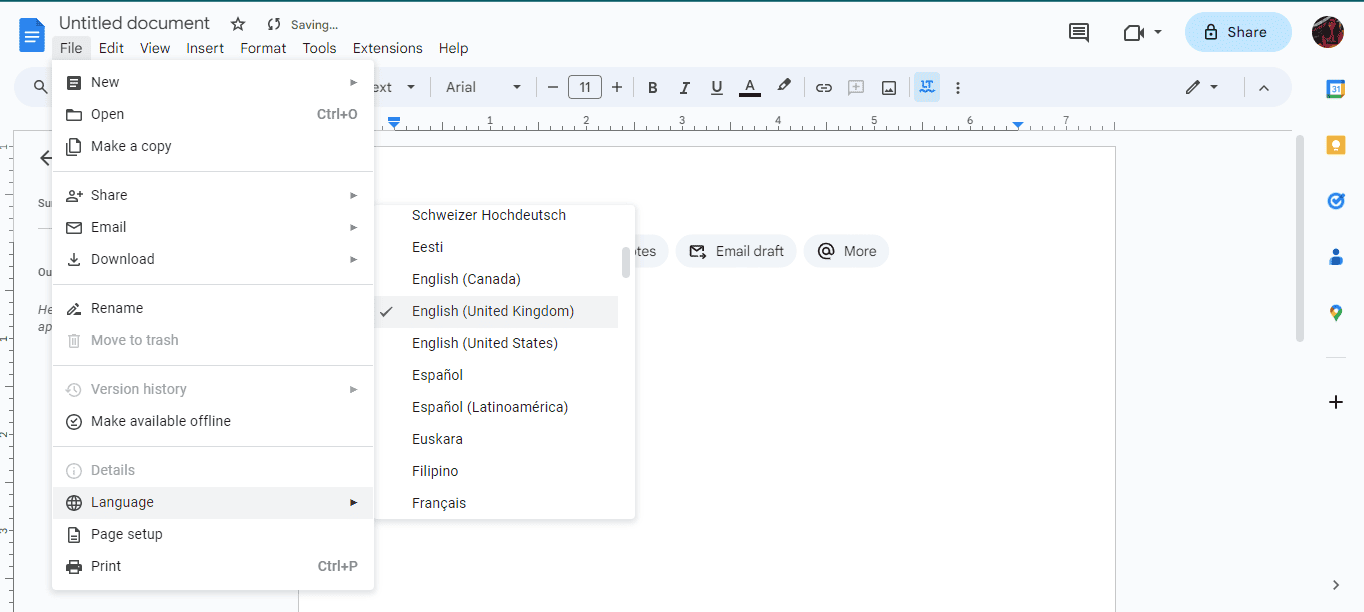 set language on google docs