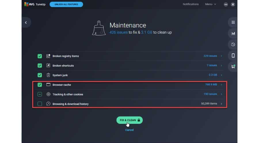 AVG クリーナー ブラウザのキャッシュをクリア