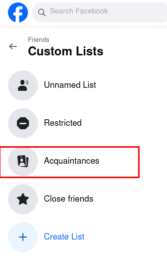 Acquaintances in custom lists on facebook