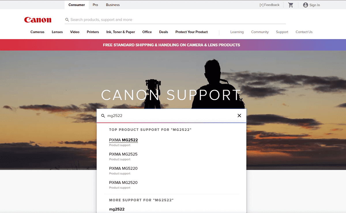 Canon support page