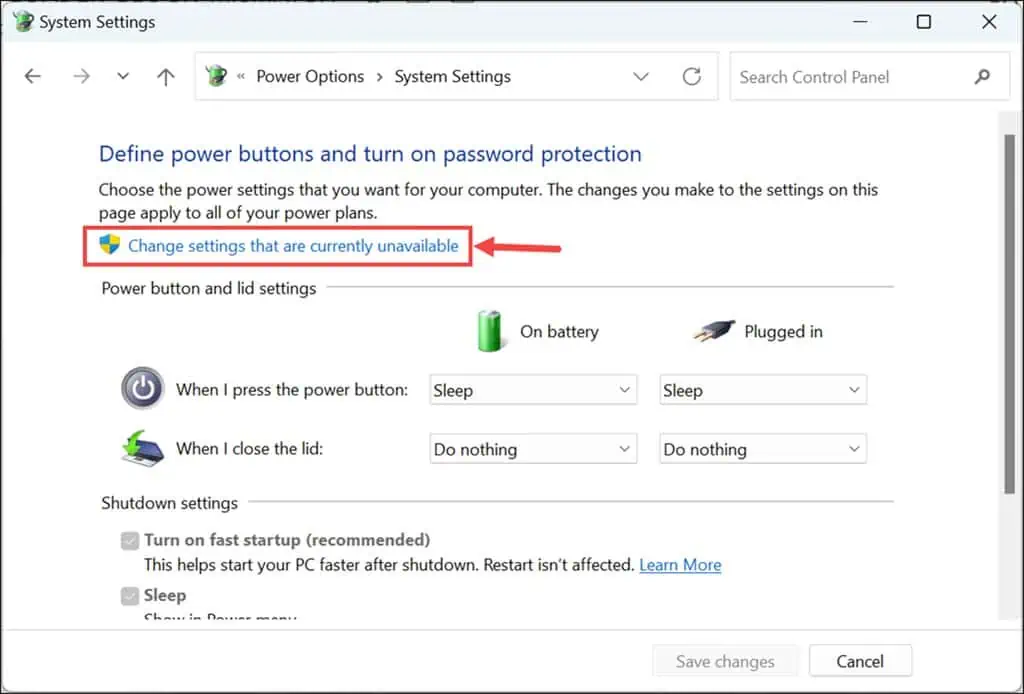 Change settings that are currently unavailable Power Options